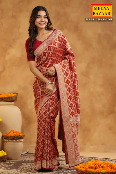 Maroon Khaddi Georgette Bandhani Printed Swarovski Embellished Saree