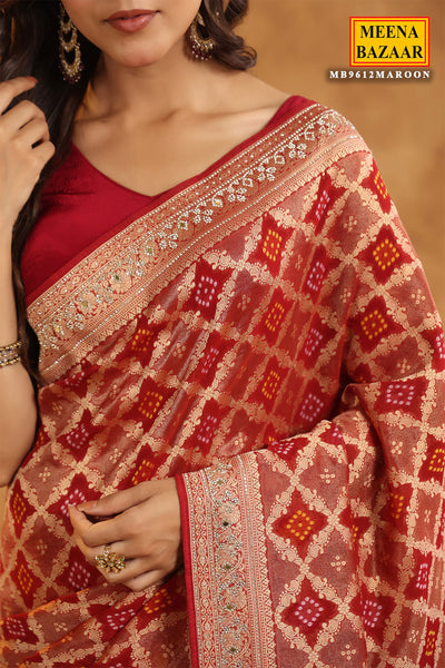 Maroon Khaddi Georgette Bandhani Printed Swarovski Embellished Saree