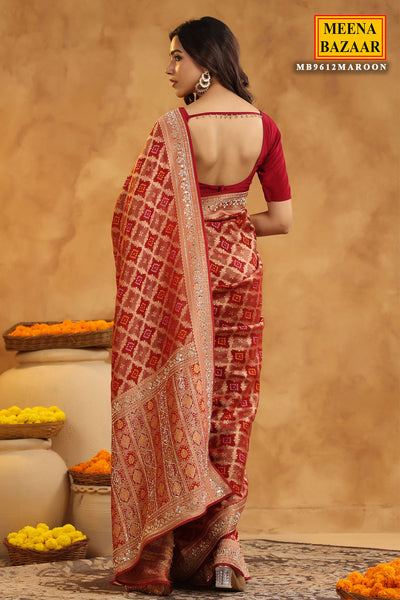 Maroon Khaddi Georgette Bandhani Printed Swarovski Embellished Saree