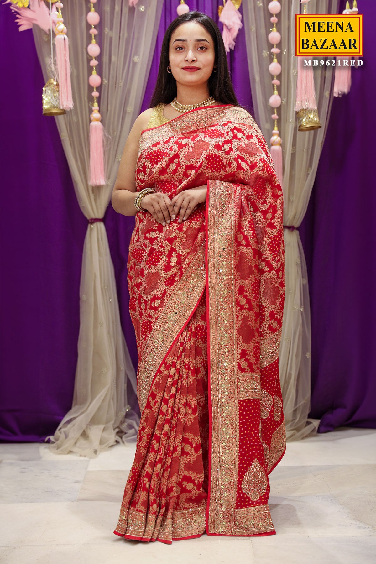 Red Georgette Bandhani Printed Swarovski Embellished Saree