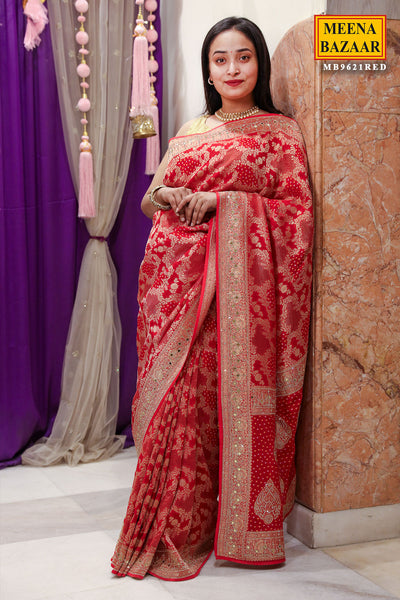 Red Georgette Bandhani Printed Swarovski Embellished Saree