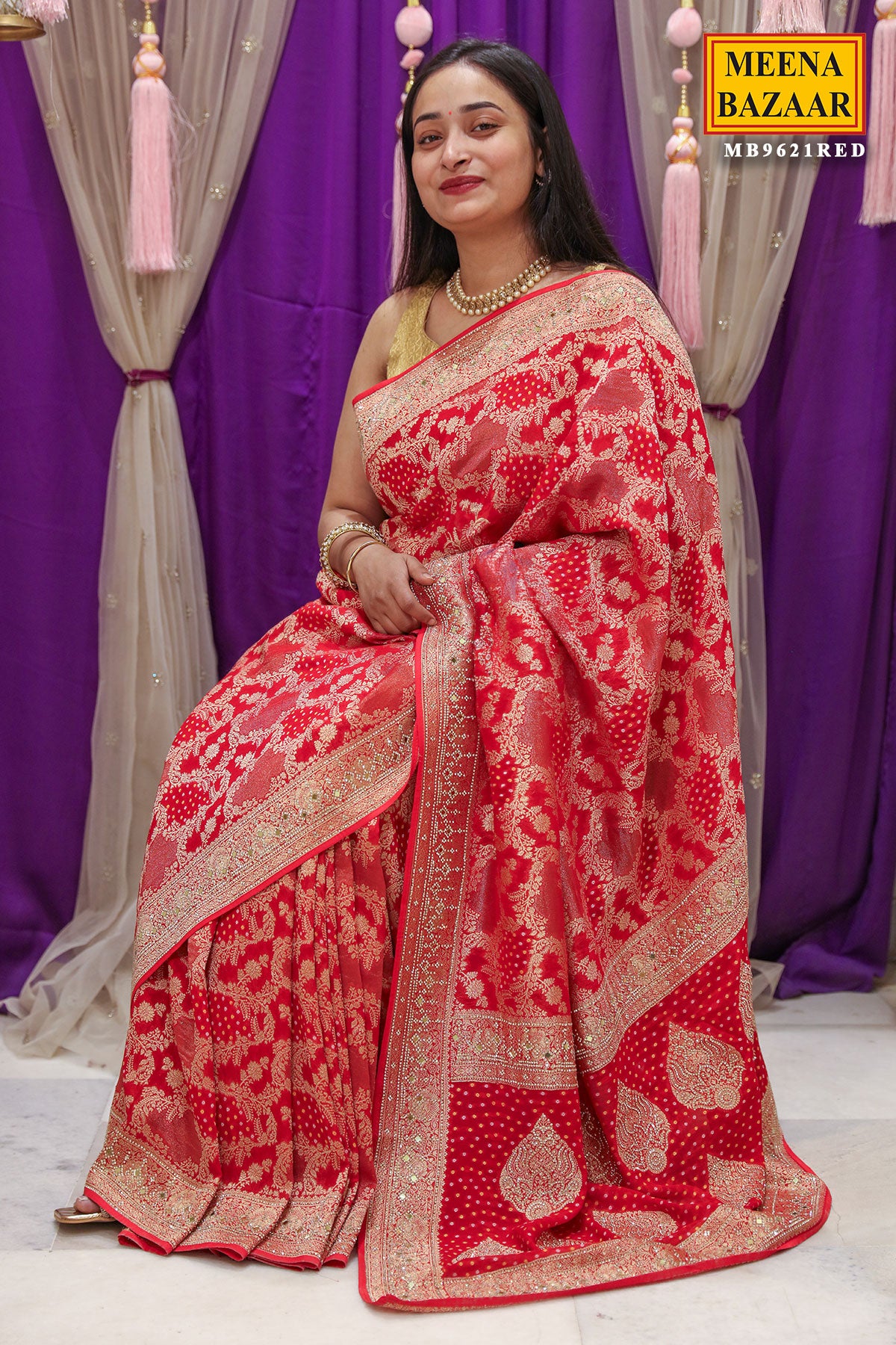 Red Georgette Bandhani Printed Swarovski Embellished Saree