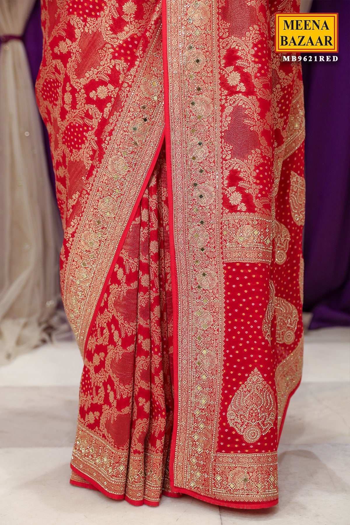 Red Georgette Bandhani Printed Swarovski Embellished Saree