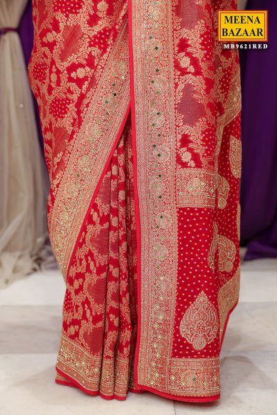 Red Georgette Bandhani Printed Swarovski Embellished Saree