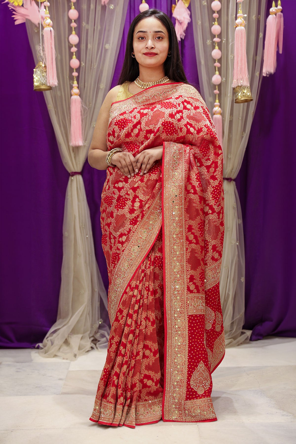 Red Georgette Bandhani Printed Swarovski Embellished Saree