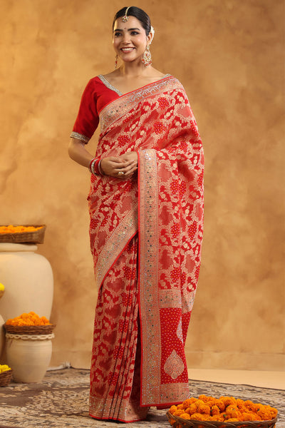 Red Georgette Bandhani Printed Swarovski Embellished Saree