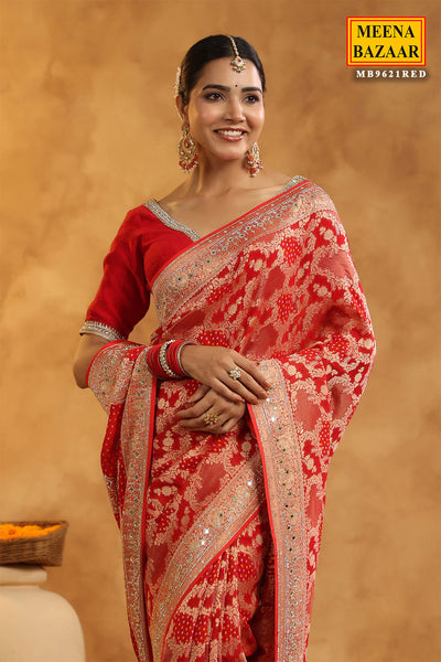 Red Georgette Bandhani Printed Swarovski Embellished Saree