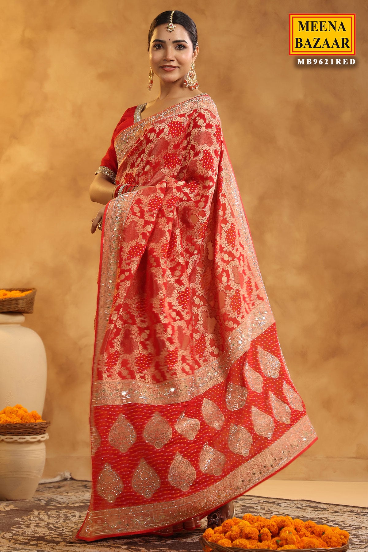 Red Georgette Bandhani Printed Swarovski Embellished Saree