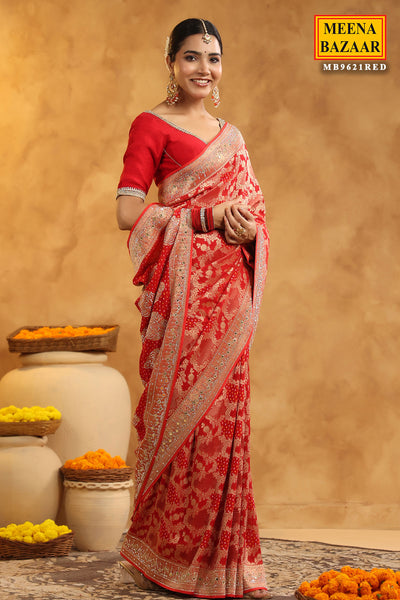 Red Georgette Bandhani Printed Swarovski Embellished Saree