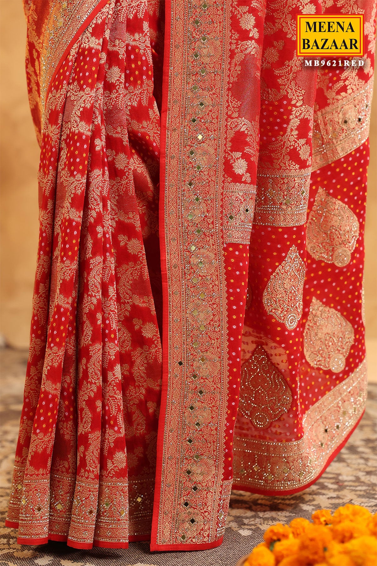 Red Georgette Bandhani Printed Swarovski Embellished Saree