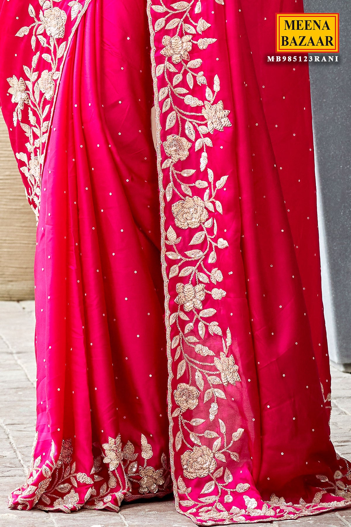 Rani Satin Silk Floral Sequins and Cutdana Embroidered Saree