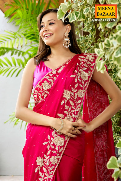 Rani Satin Silk Floral Sequins and Cutdana Embroidered Saree