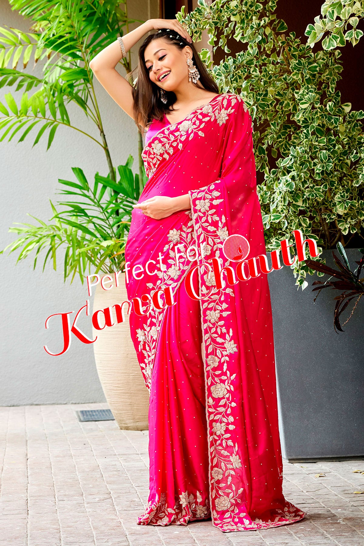 Rani Satin Silk Floral Sequins and Cutdana Embroidered Saree