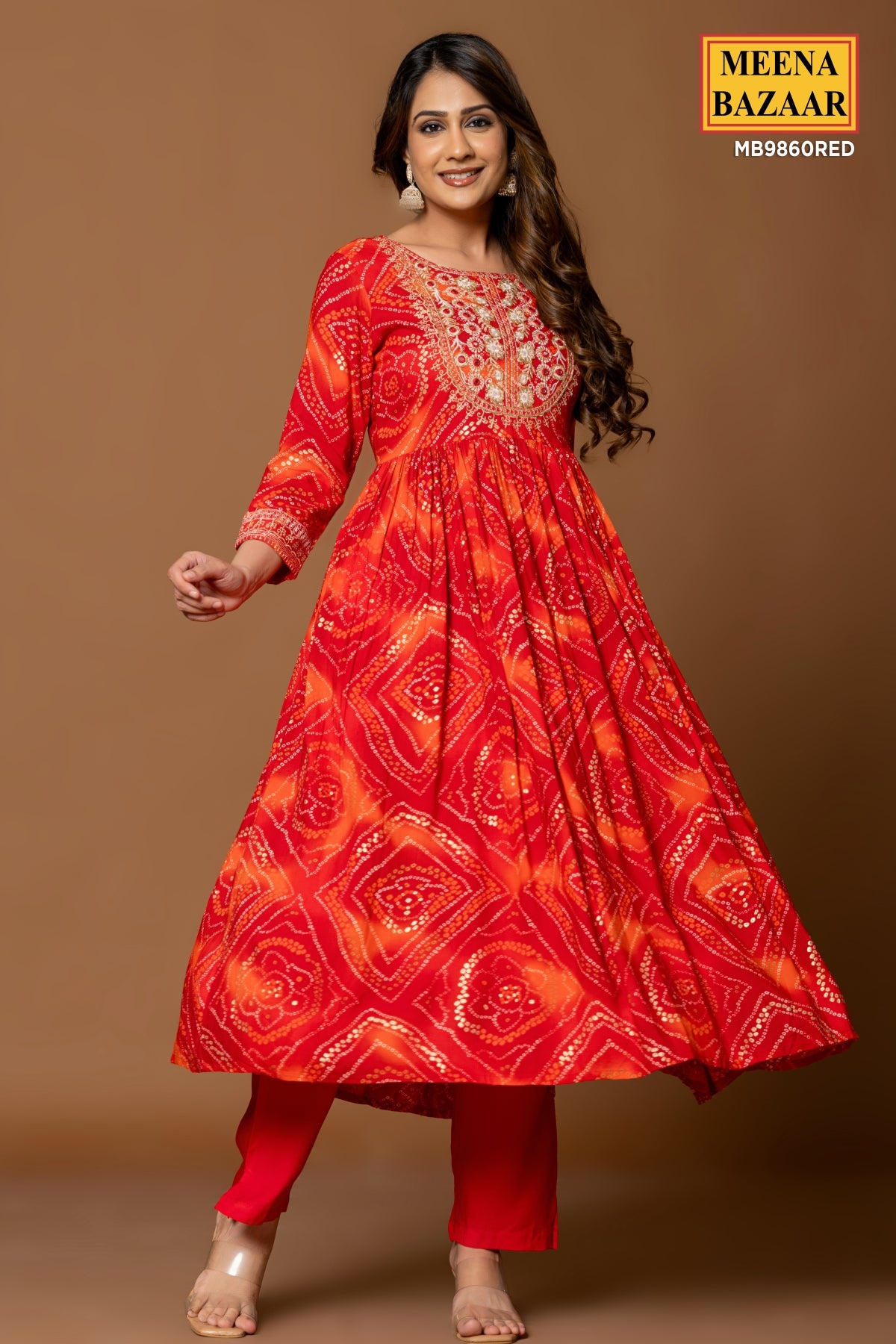 Red Rayon Printed Cut-dana Embroidered Anarkali Suit