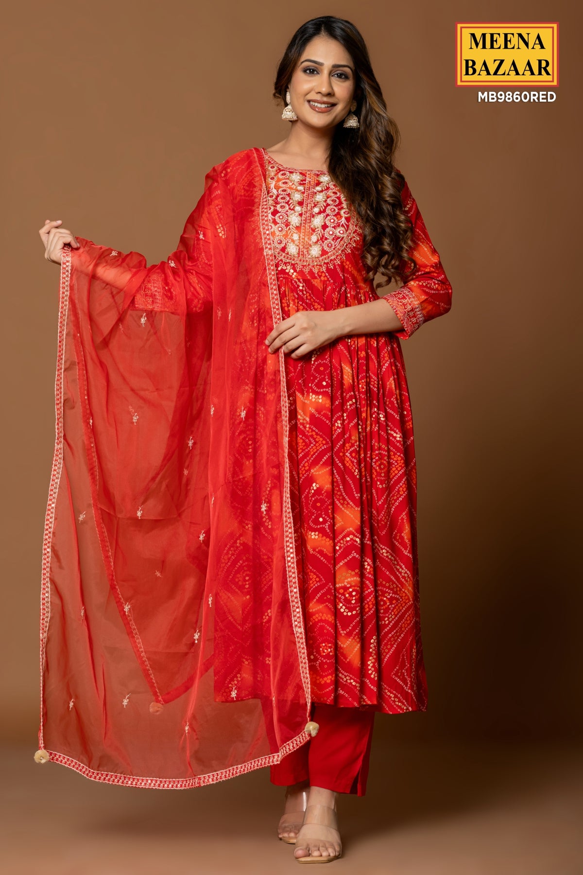 Red Rayon Printed Cut-dana Embroidered Anarkali Suit