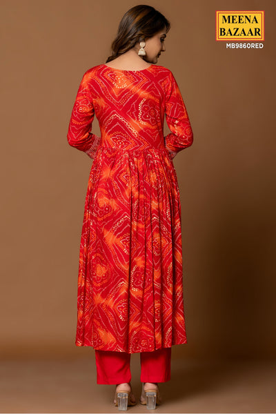 Red Rayon Printed Cut-dana Embroidered Anarkali Suit