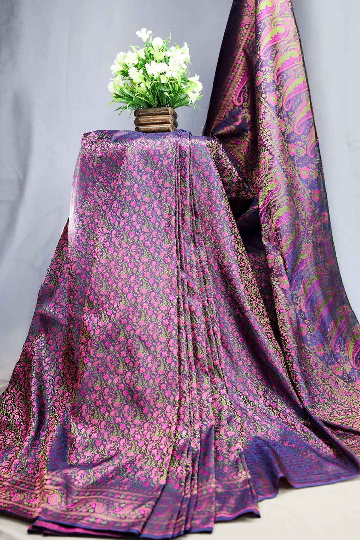 Navy Woven Banarasi Silk Floral Printed Saree