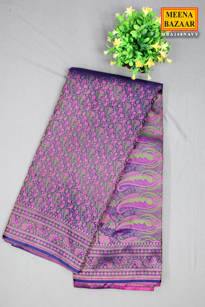 Navy Woven Banarasi Silk Floral Printed Saree