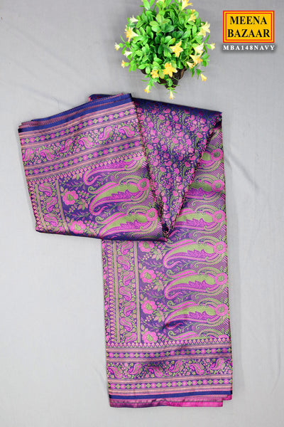 Navy Woven Banarasi Silk Floral Printed Saree