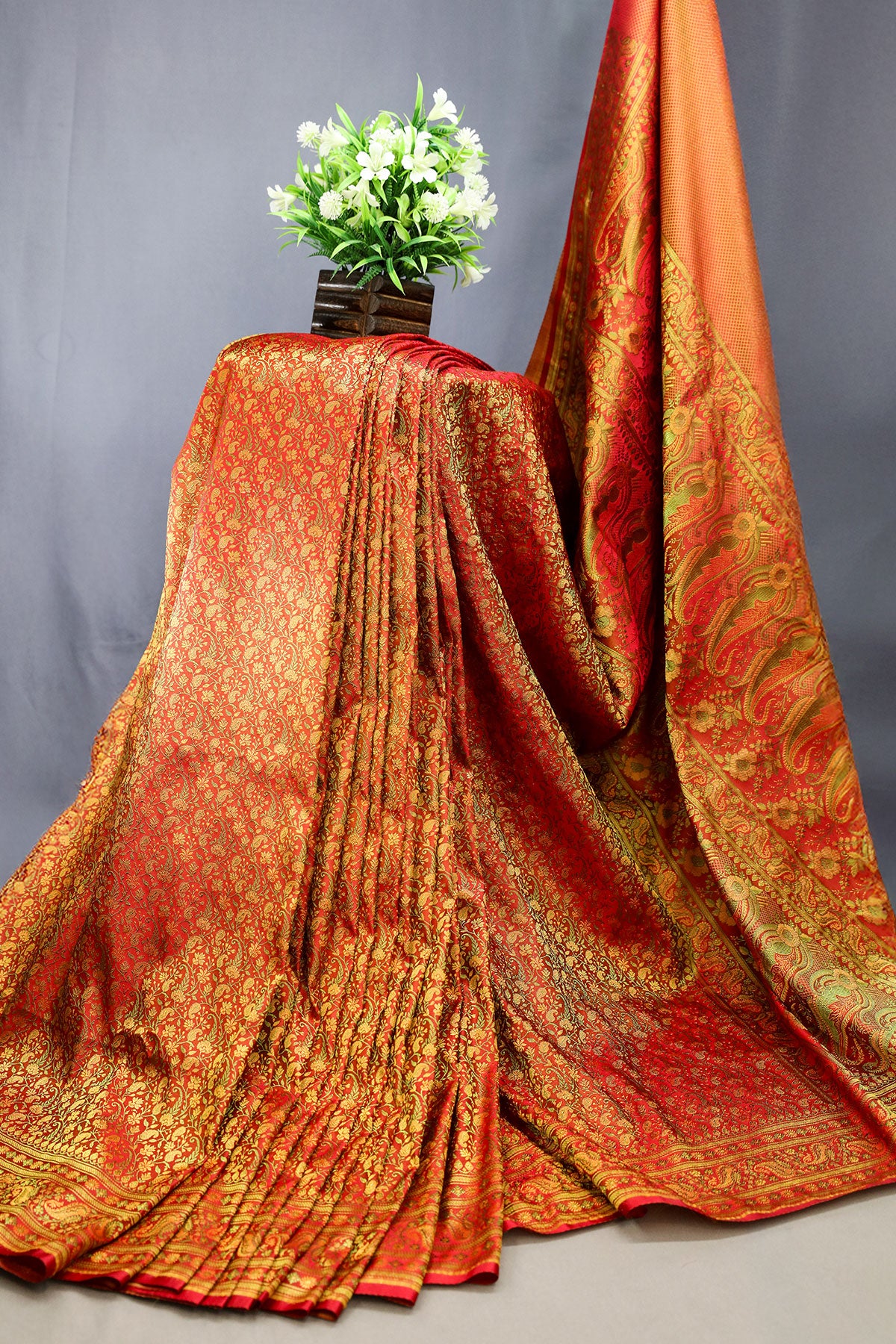 Red Woven Banarasi Silk Floral Printed Saree