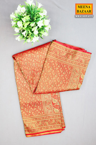 Red Woven Banarasi Silk Floral Printed Saree