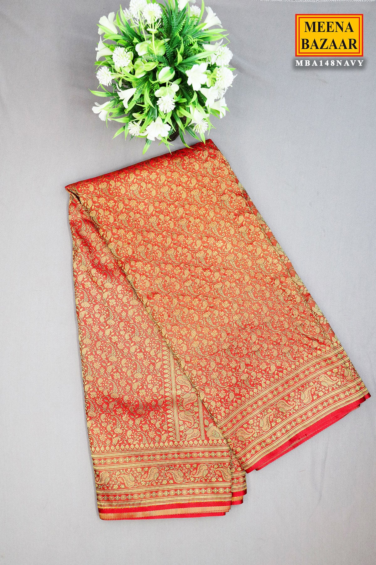 Red Woven Banarasi Silk Floral Printed Saree