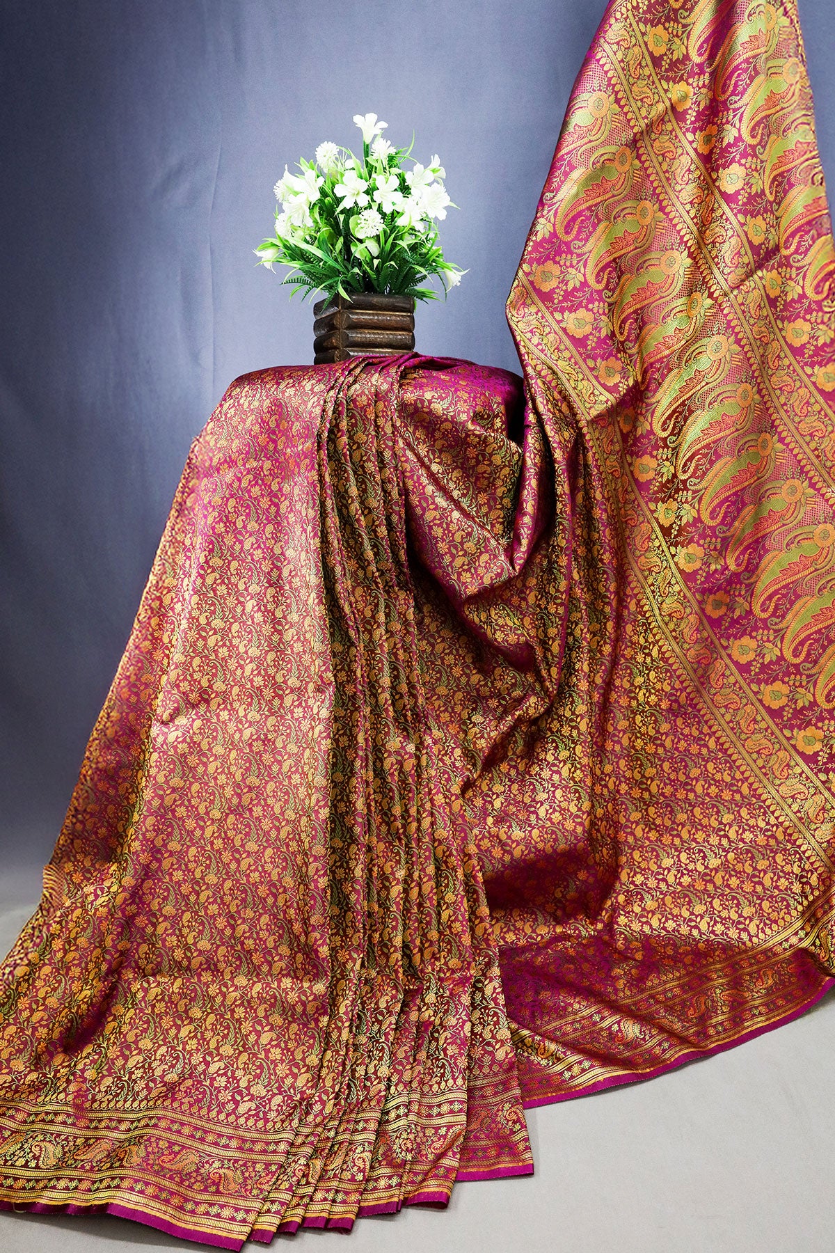 Wine Woven Banarasi Silk Floral Printed Saree