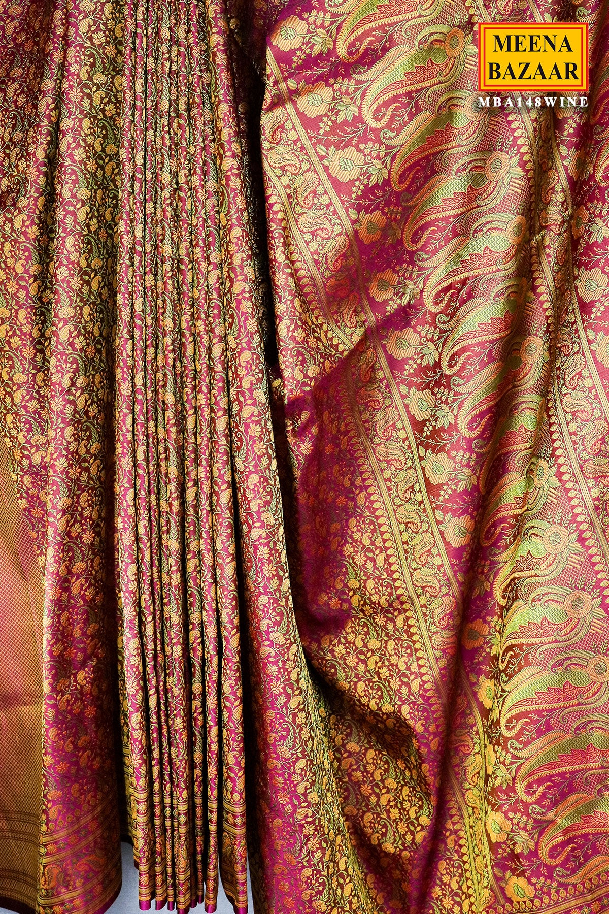 Wine Woven Banarasi Silk Floral Printed Saree