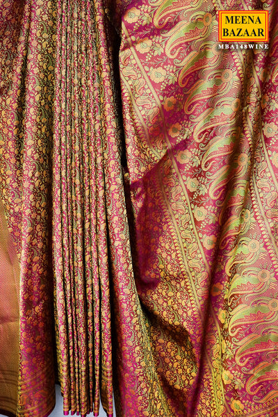 Wine Woven Banarasi Silk Floral Printed Saree