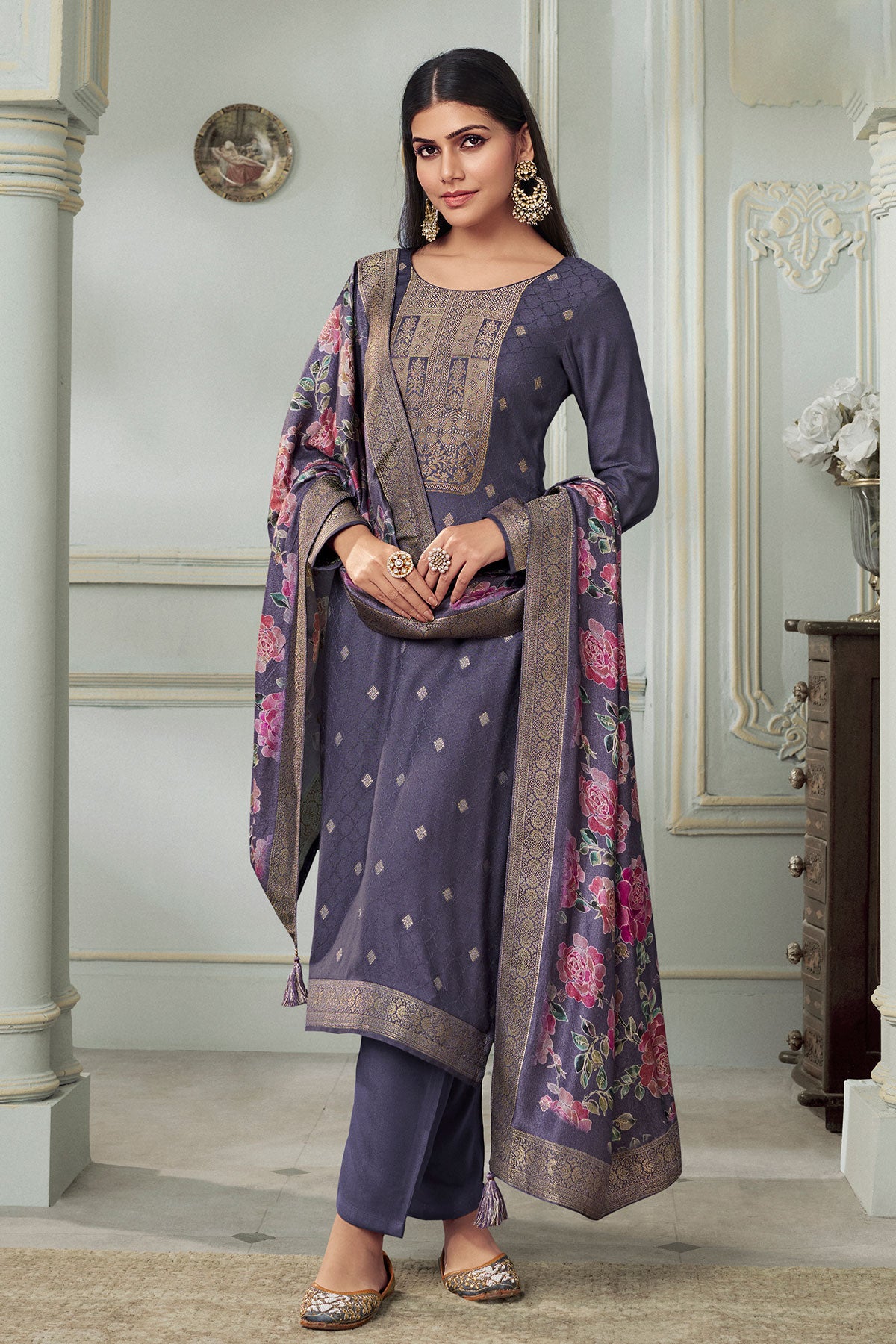 Light Purple Pashmina Jacquard Floral Zari Weaving Suit Set