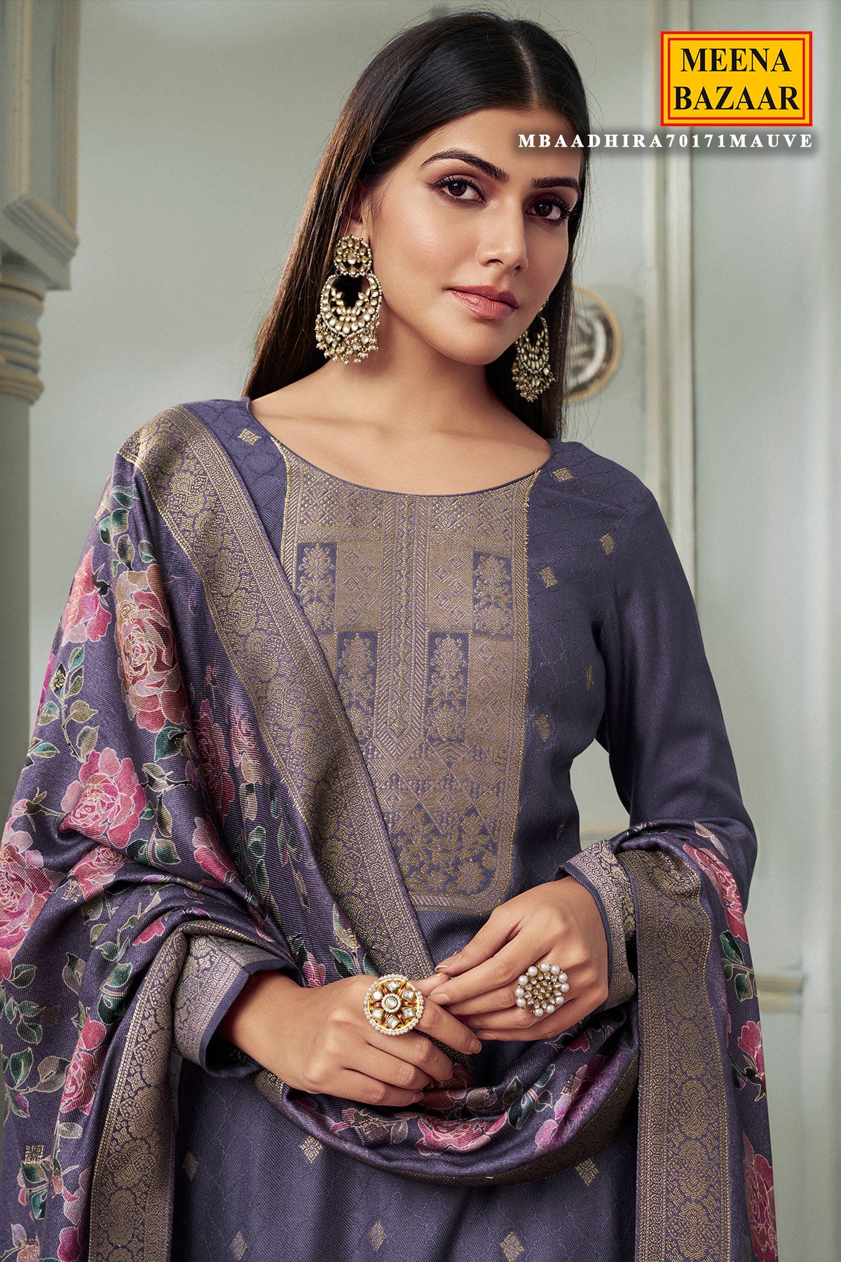 Light Purple Pashmina Jacquard Floral Zari Weaving Suit Set