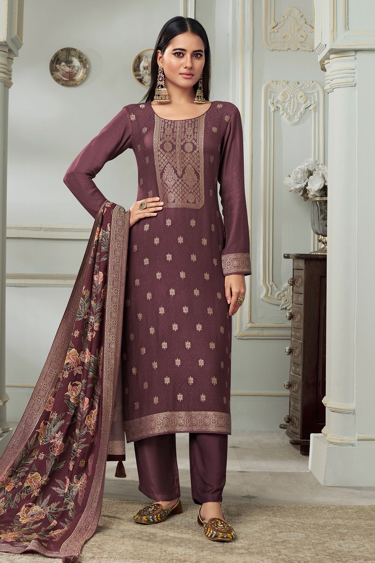 Faded Maroon Pashmina Jacquard Floral Zari Weaving Suit Set