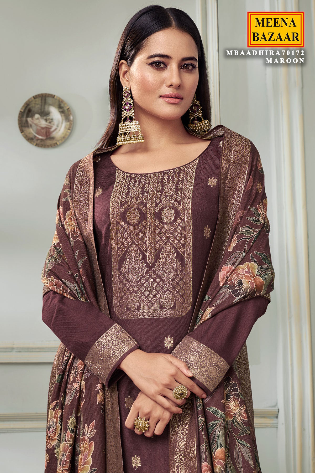 Faded Maroon Pashmina Jacquard Floral Zari Weaving Suit Set