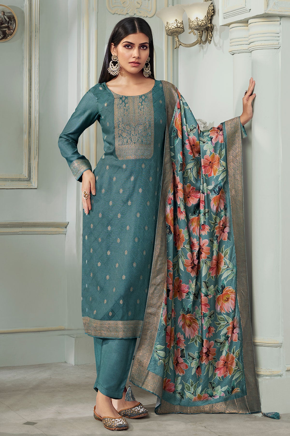 Sea Green Pashmina Jacquard Floral Zari Weaving Suit Set