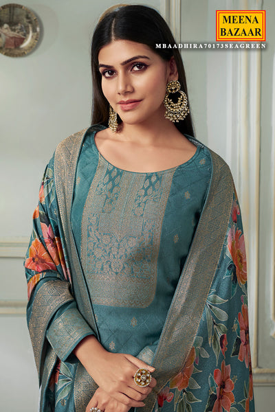 Sea Green Pashmina Jacquard Floral Zari Weaving Suit Set