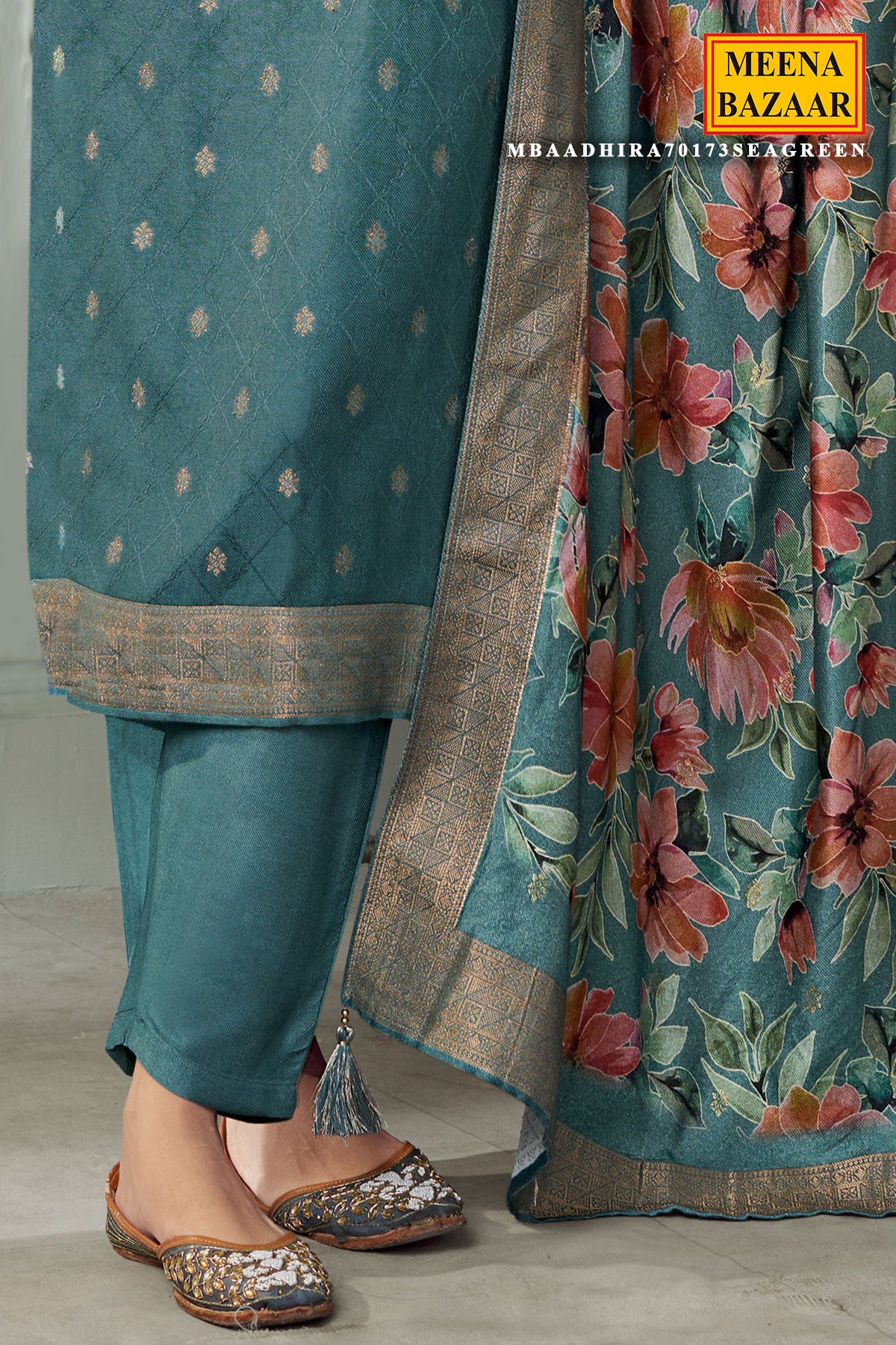 Sea Green Pashmina Jacquard Floral Zari Weaving Suit Set