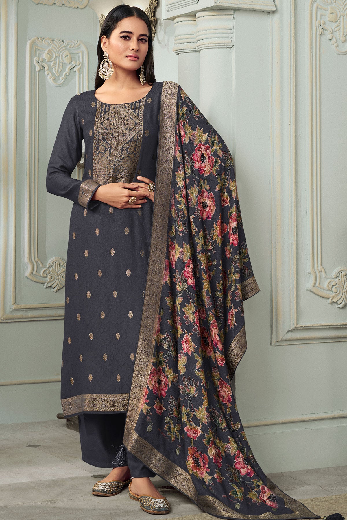 Charcoal Grey Pashmina Jacquard Floral Zari Weaving Suit Set