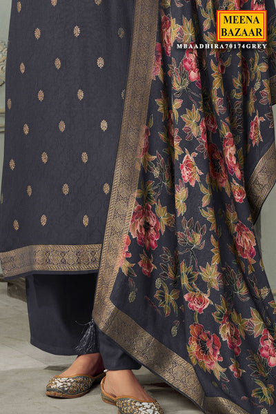 Charcoal Grey Pashmina Jacquard Floral Zari Weaving Suit Set