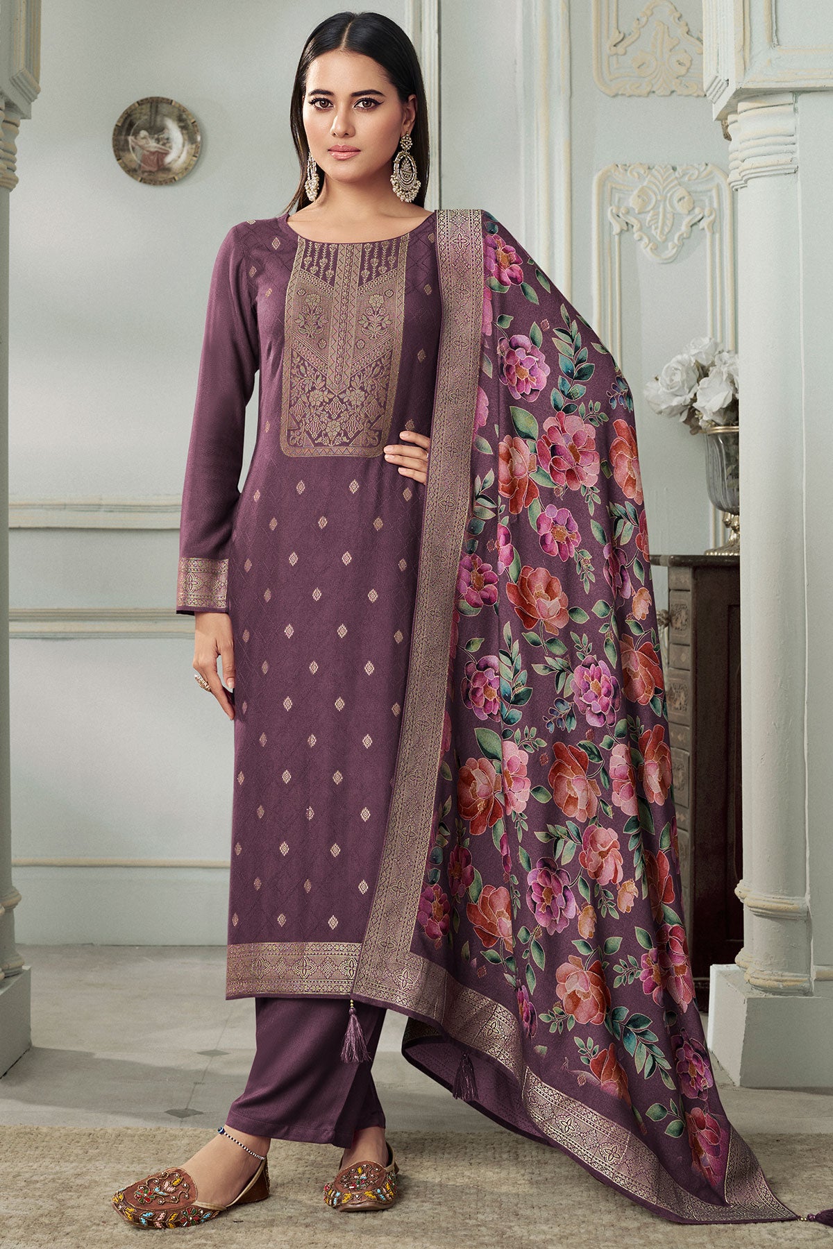 Wine Pashmina Jacquard Floral Zari Weaving Suit Set