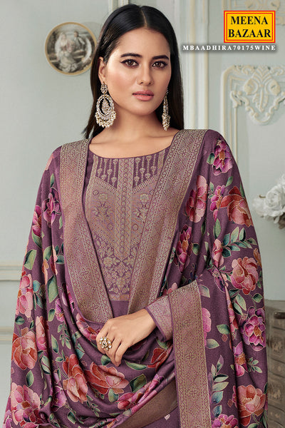 Wine Pashmina Jacquard Floral Zari Weaving Suit Set