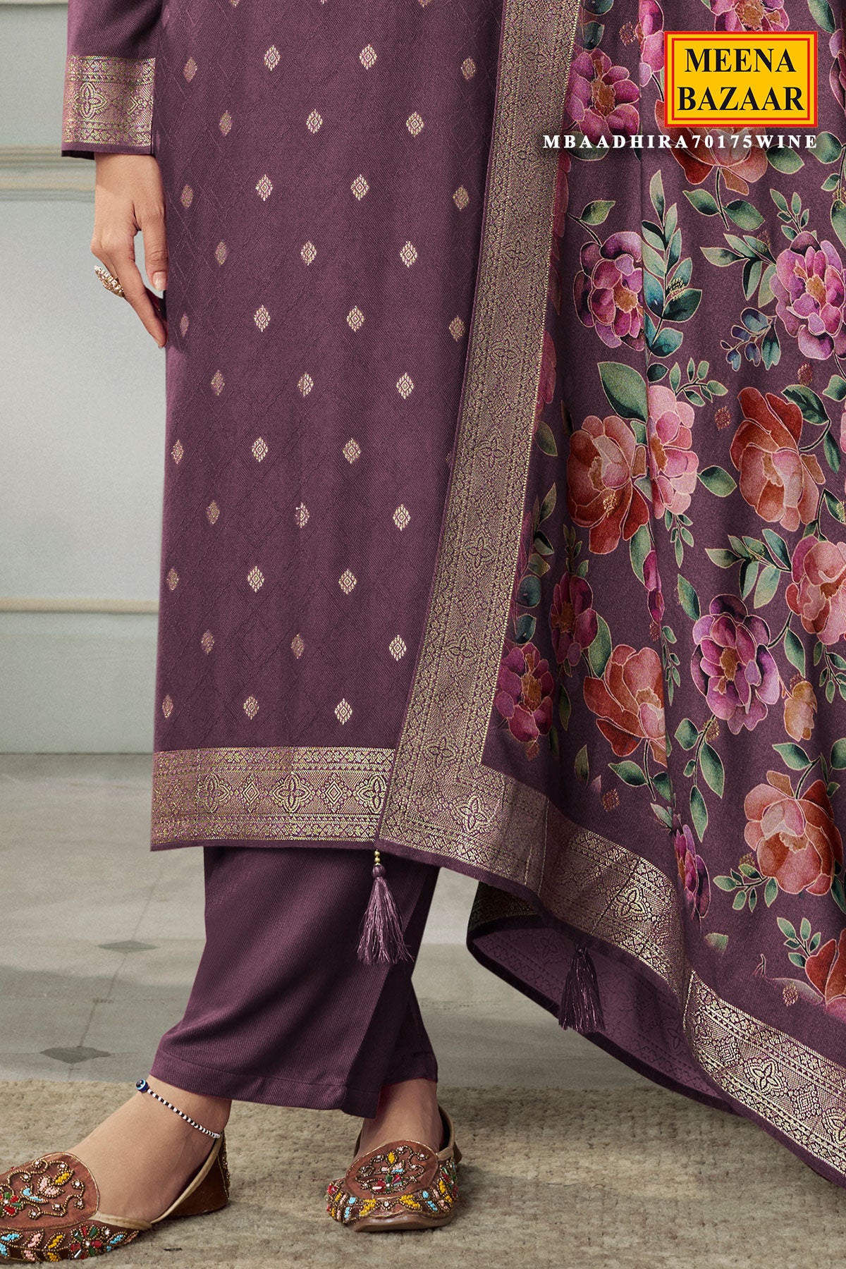 Wine Pashmina Jacquard Floral Zari Weaving Suit Set