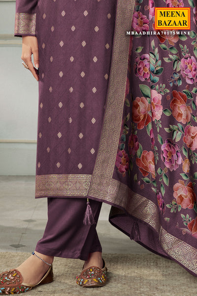 Wine Pashmina Jacquard Floral Zari Weaving Suit Set