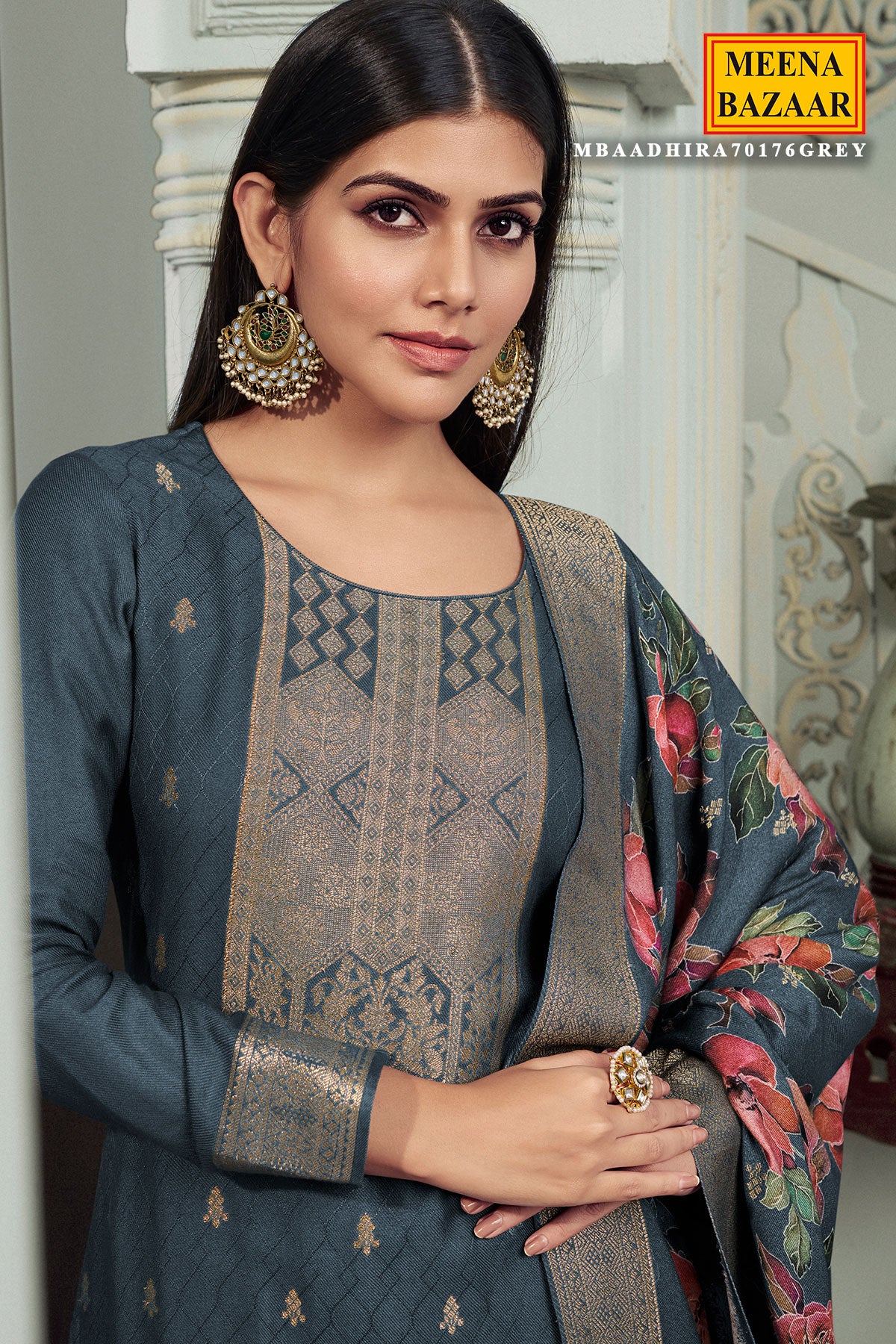 Grey Pashmina Jacquard Floral Zari Weaving Suit Set