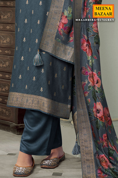 Grey Pashmina Jacquard Floral Zari Weaving Suit Set