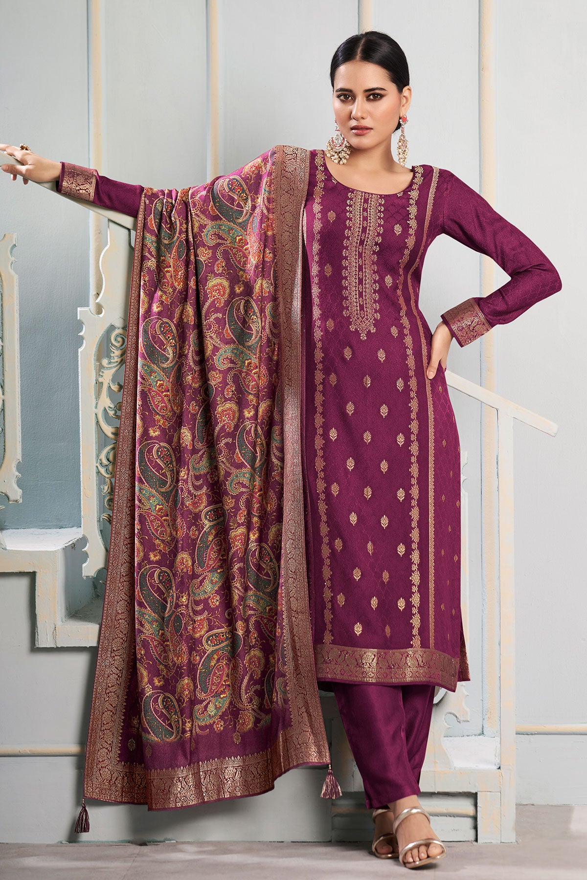 Maroon Digital Printed Viscose Pashmina Jacquard Suit Set