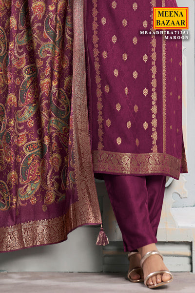 Maroon Digital Printed Viscose Pashmina Jacquard Suit Set