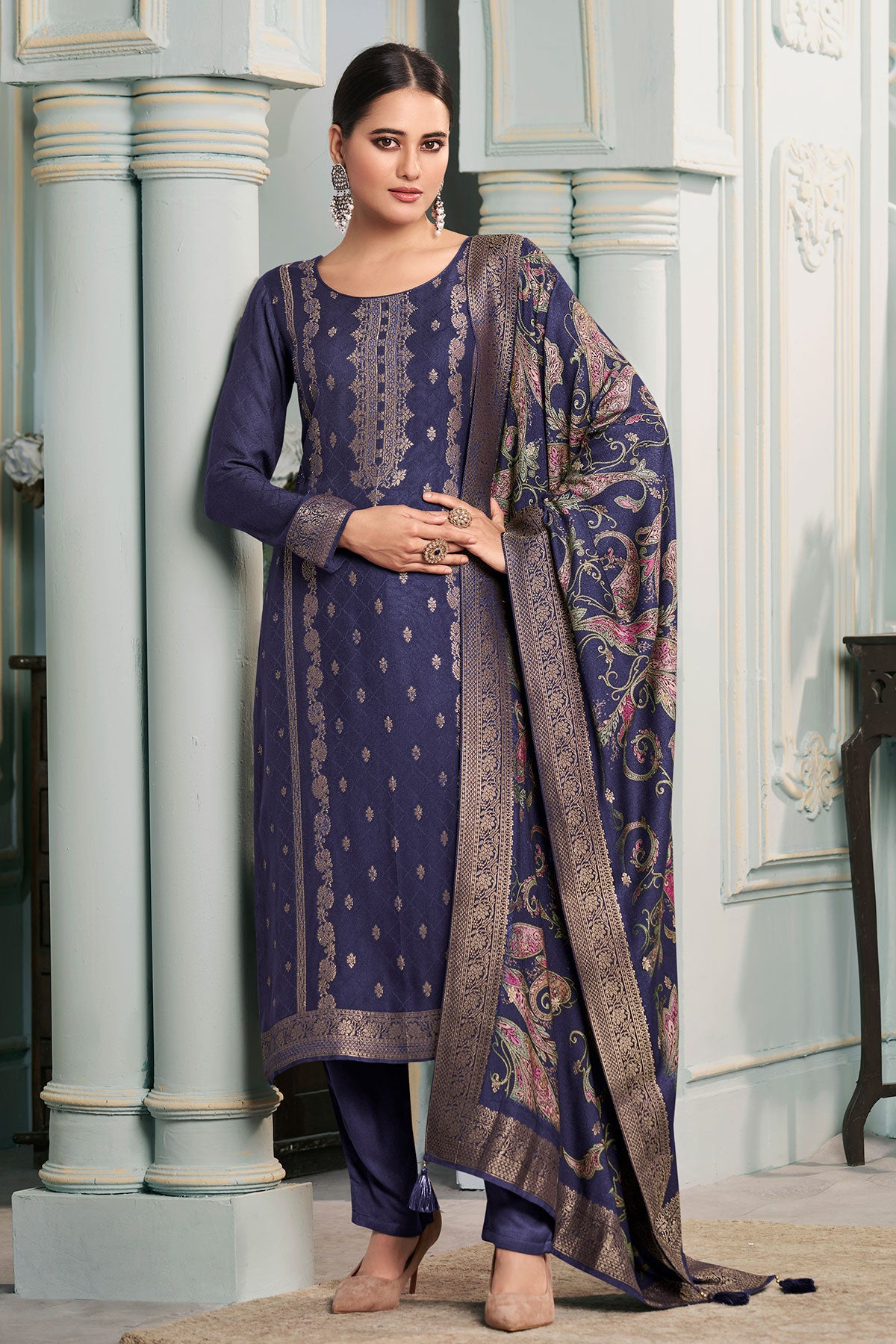 Navy Digital Printed Viscose Pashmina Jacquard Suit Set