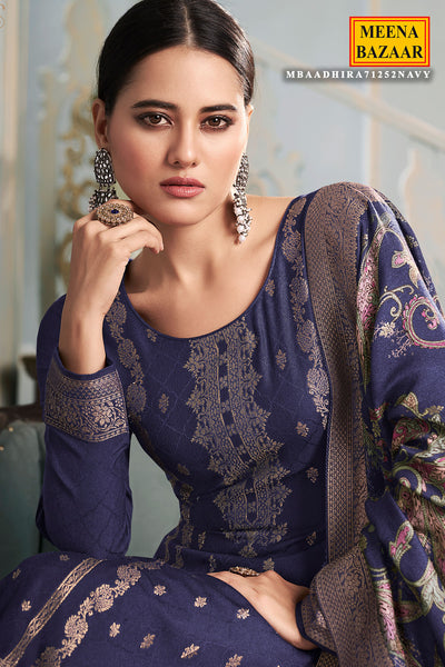 Navy Digital Printed Viscose Pashmina Jacquard Suit Set