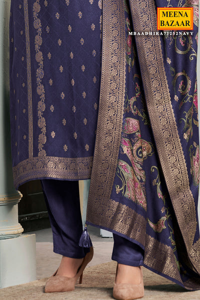 Navy Digital Printed Viscose Pashmina Jacquard Suit Set