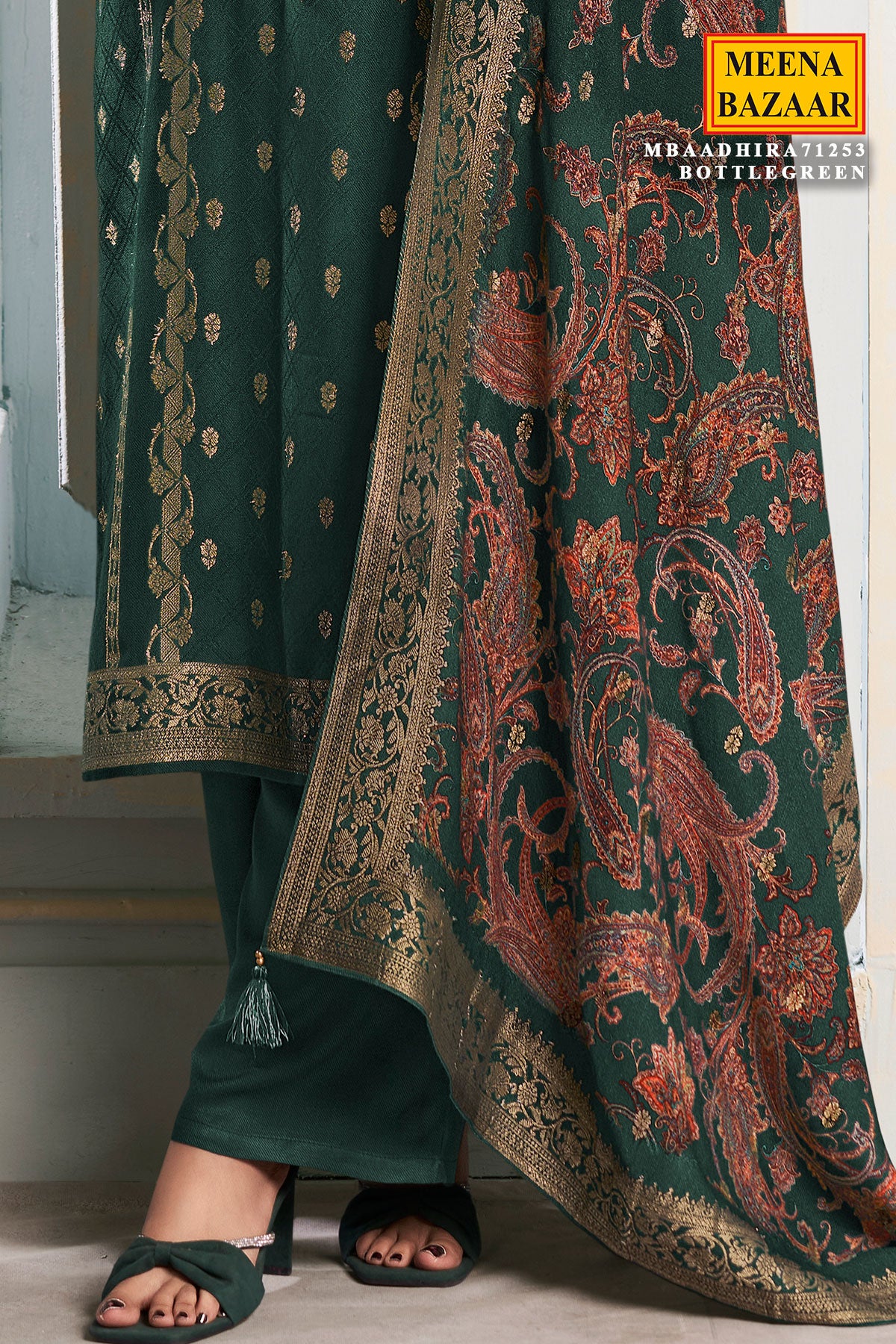 Bottle Green Digital Printed Viscose Pashmina Jacquard Suit Set